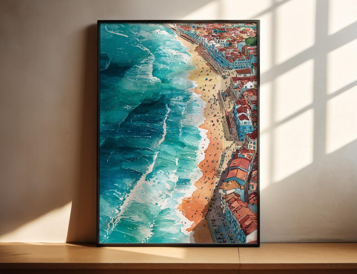 Aerial Turquoise Beach Town Waves Coastal Watercolor Art Poster