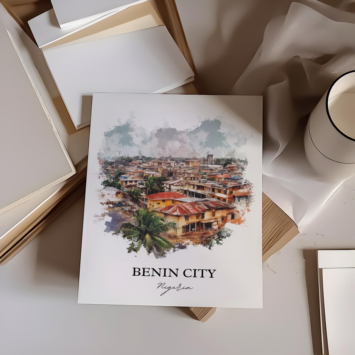 Benin City Nigeria Rooftop Skyline Watercolor Travel Poster Art - Image 3