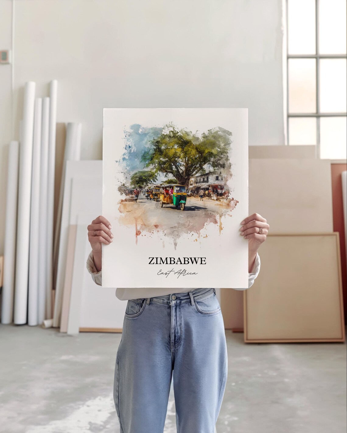 Zimbabwe East Africa Tuk Tuk Street Scene Watercolor Travel Poster - Image 4