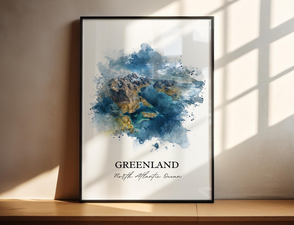 Greenland North Atlantic Rugged Fjords Aerial Watercolor Poster