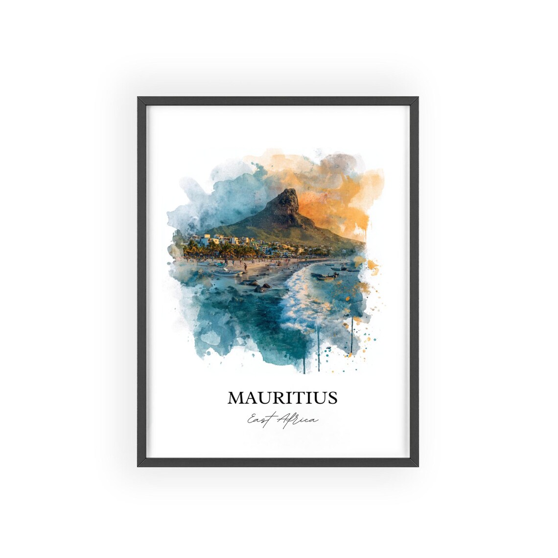 Mauritius East Africa Mountain Beach Coast Watercolor Travel Poster - Image 2