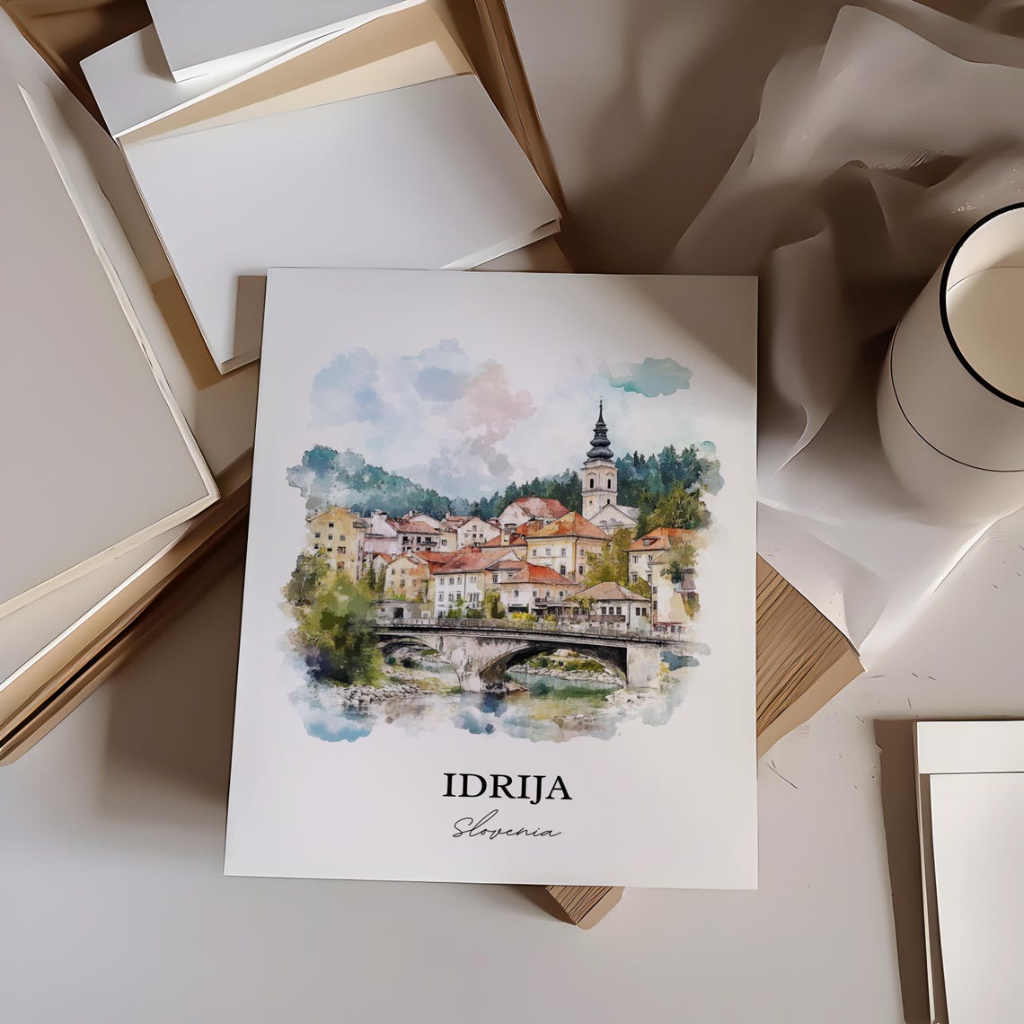 Idrija Slovenia River Bridge Church Tower Watercolor Old Town Poster - Image 5