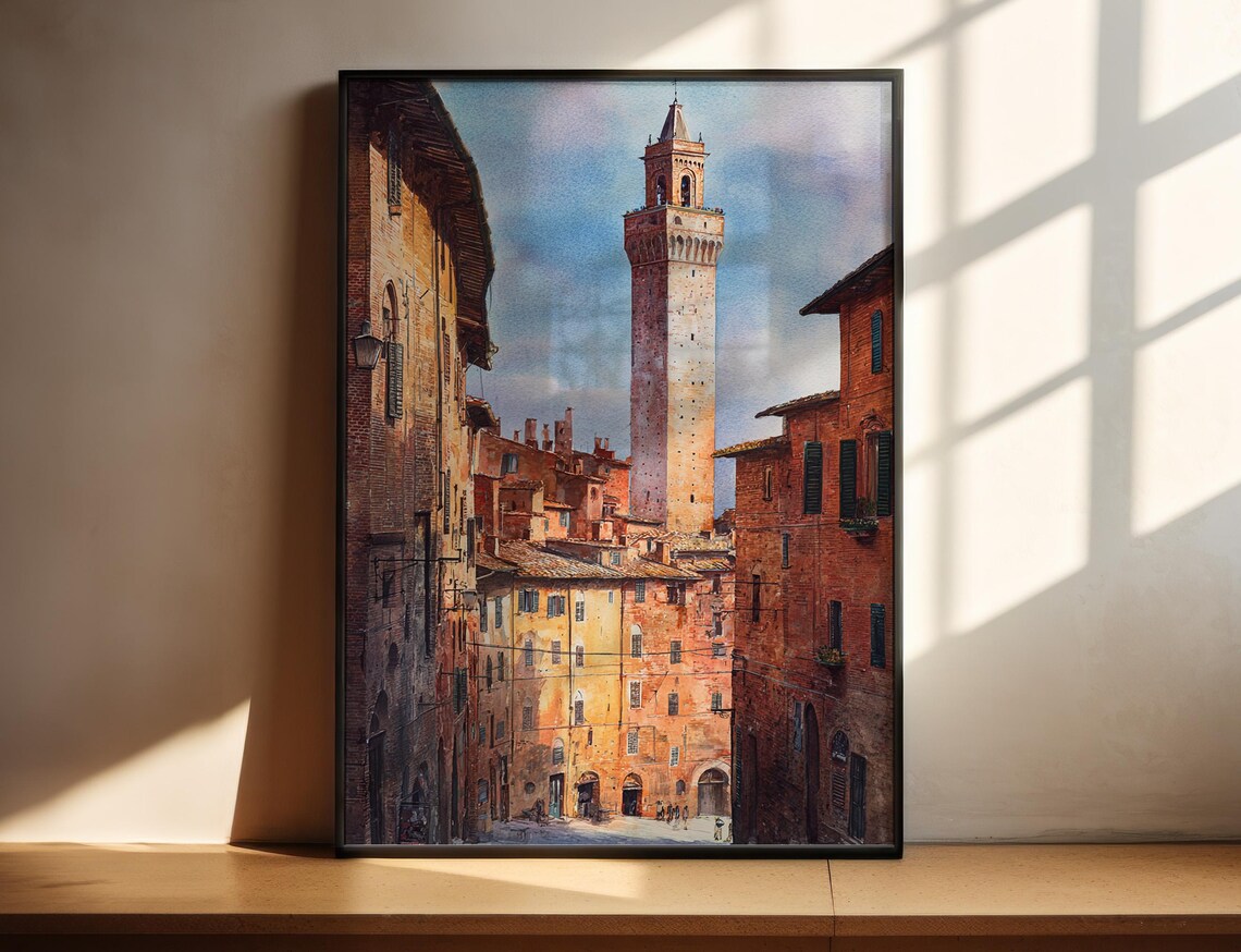 Siena Italy Torre del Mangia Medieval Tower Watercolor Art Poster