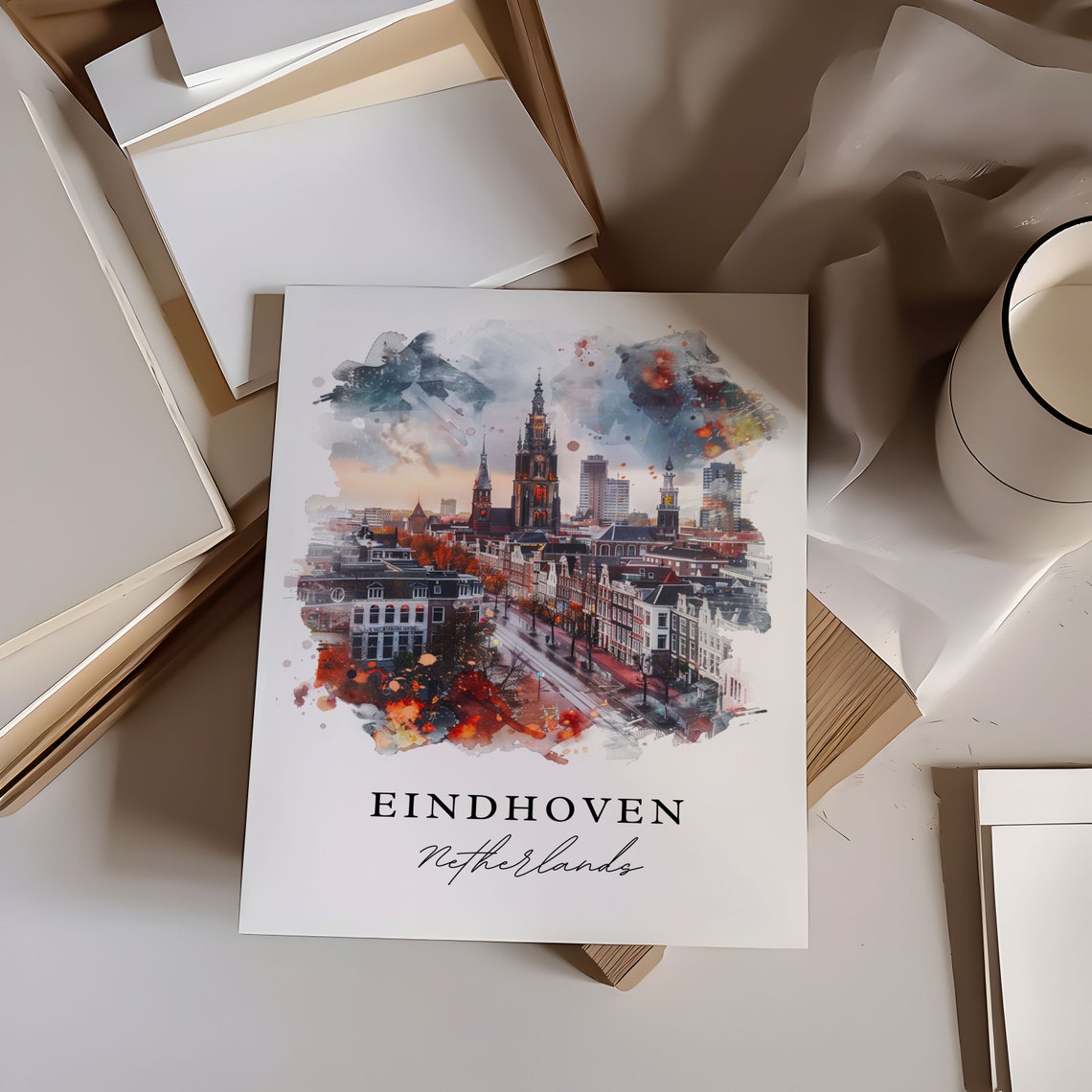 Eindhoven Netherlands Watercolor City Skyline Church Tower Poster - Image 6