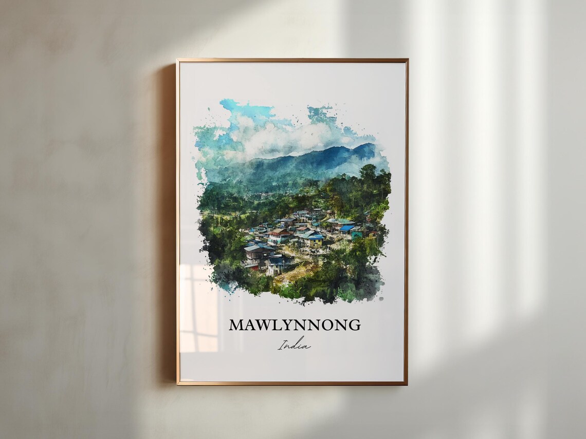 Mawlynnong India Watercolor Hillside Village Green Hills Poster - Image 5