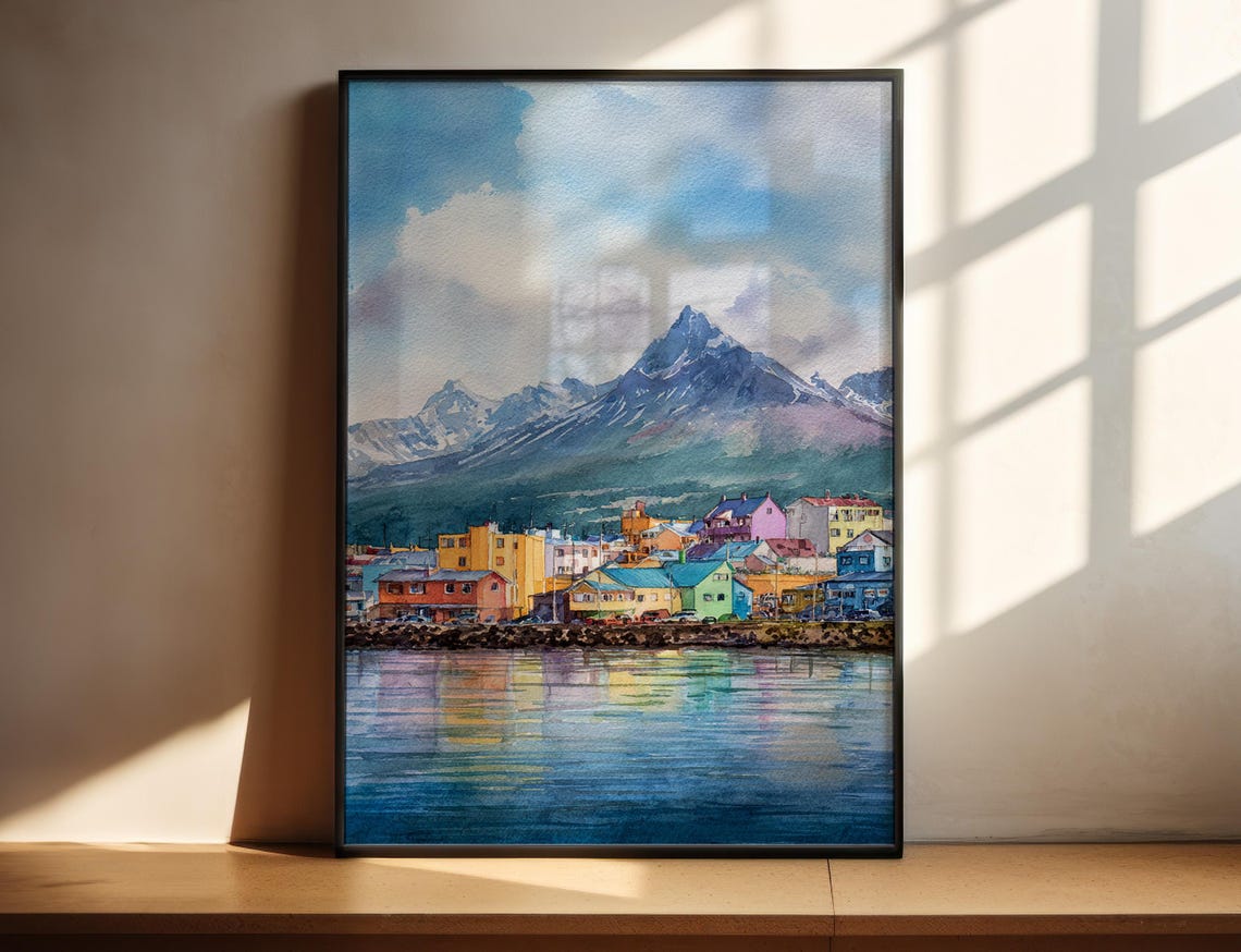 Ushuaia Argentina Colorful Waterfront Mountain Town Watercolor Poster