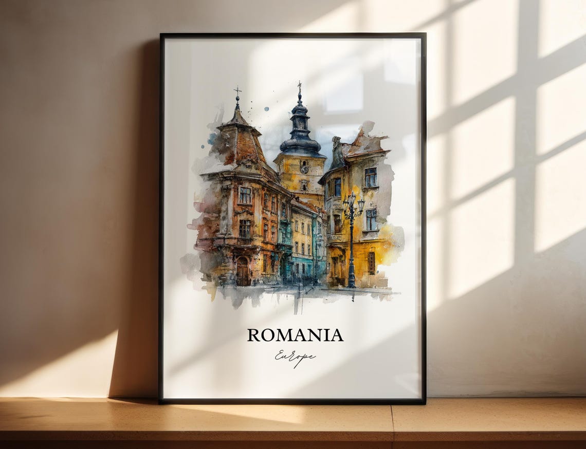 Romania Old Town Clock Tower Watercolor Historic Street Poster