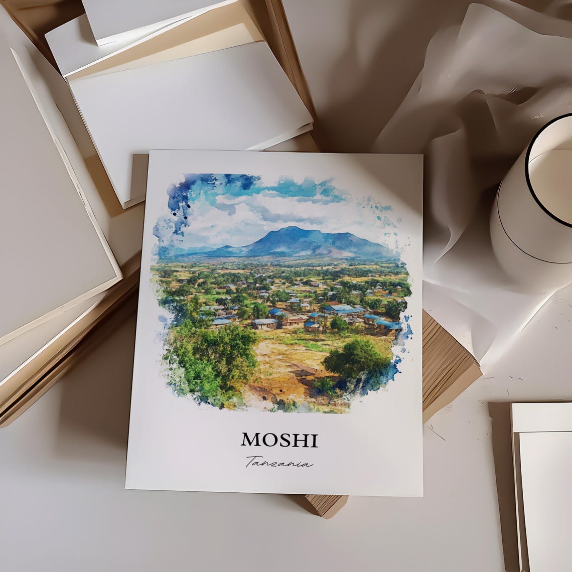 Moshi Tanzania Mountain Town Watercolor Landscape Art Poster - Image 4