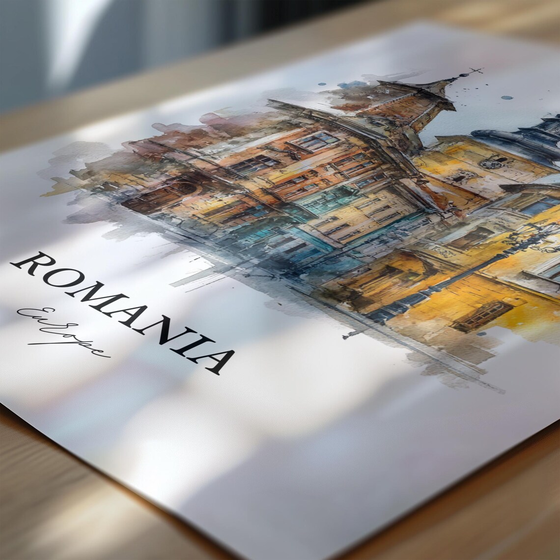 Romania Old Town Clock Tower Watercolor Historic Street Poster - Image 6