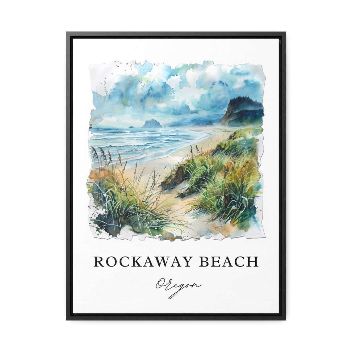 Rockaway Beach Oregon Watercolor Sandy Dunes Ocean Scene Poster - Image 3