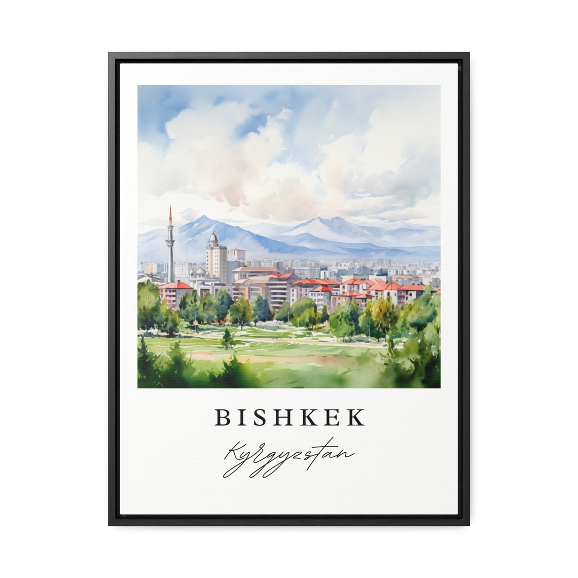 Bishkek Kyrgyzstan Watercolor City Mountains Minaret Art Poster - Image 2