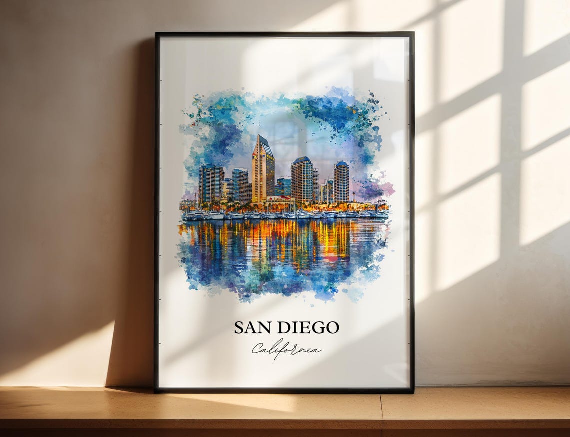 San Diego California Harbor Skyline Reflection Watercolor Poster