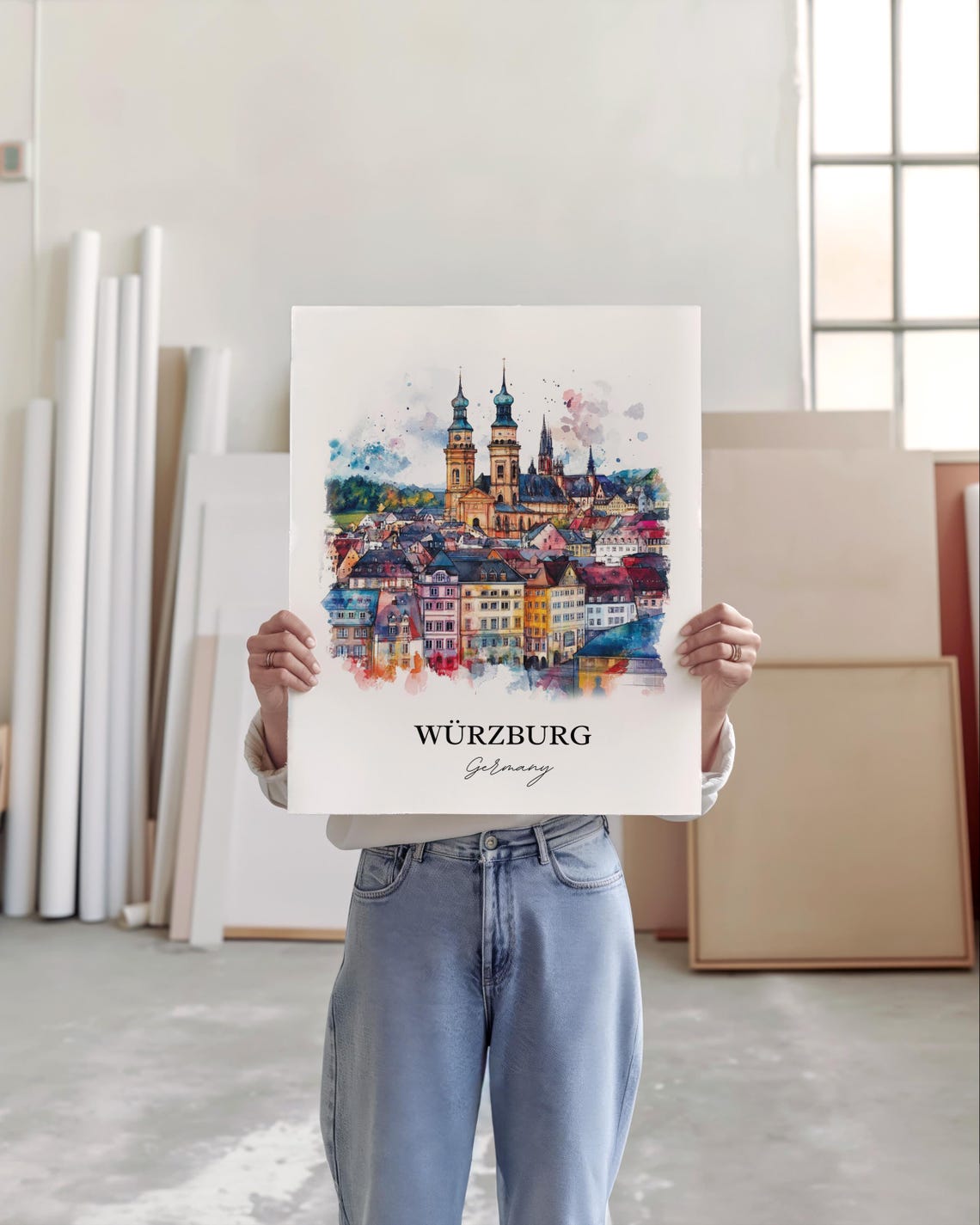 Wurzburg Germany Colorful Cathedral Skyline Watercolor Poster - Image 2