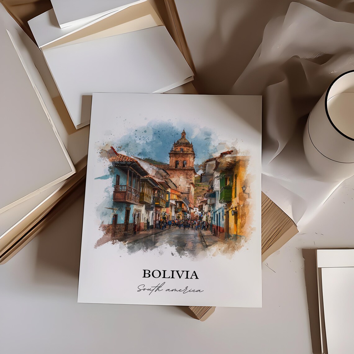 Bolivia Watercolor Colonial Old Town Church Street Travel Poster - Image 3