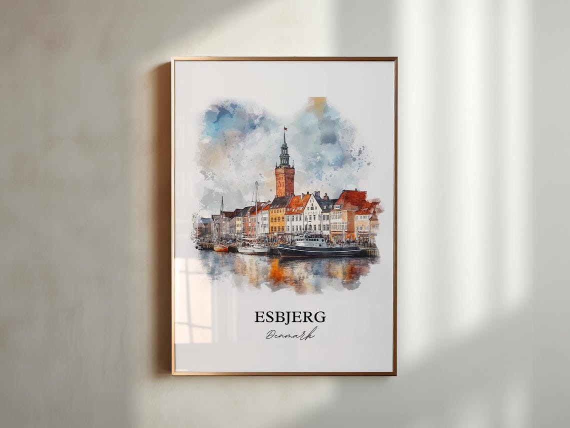 Esbjerg Denmark Harbor and Historic Church Tower Watercolor Poster - Image 5