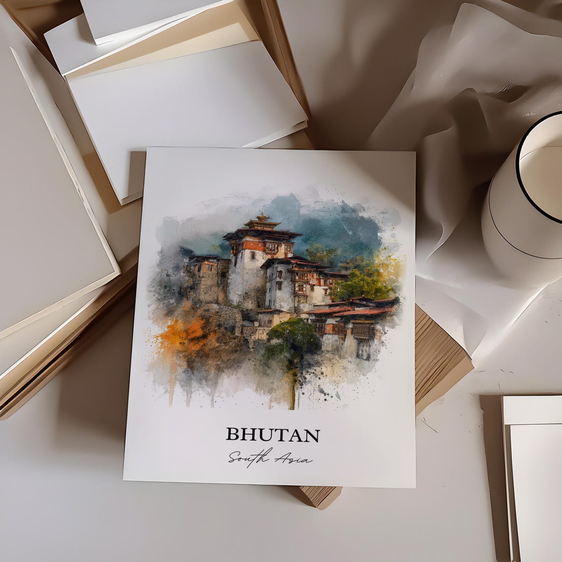 Bhutan South Asia Dzong Fortress Monastery Watercolor Travel Poster - Image 3
