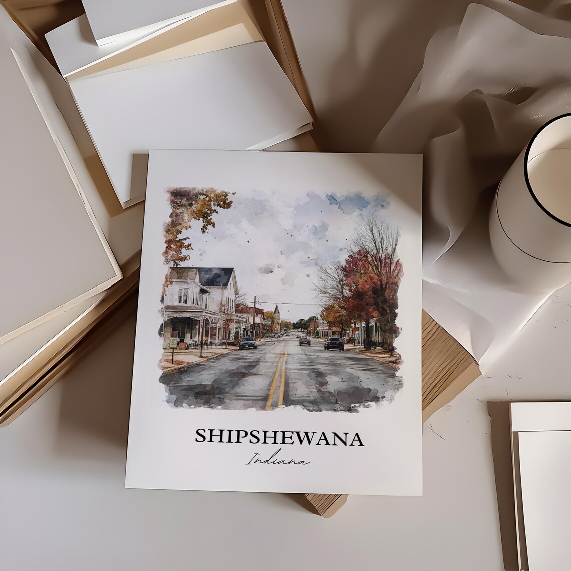 Shipshewana Indiana Main Street Autumn Watercolor Travel Gift Poster - Image 2