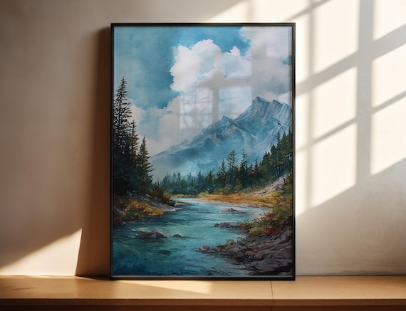 Canadian Rockies Mountain River Pine Forest Watercolor Landscape Poster