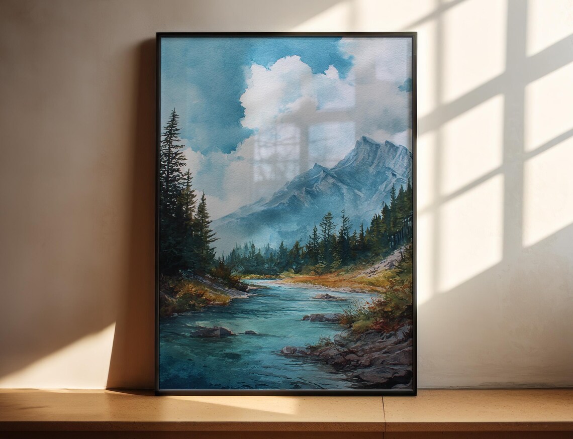 Canadian Rockies Mountain River Pine Forest Watercolor Landscape Poster