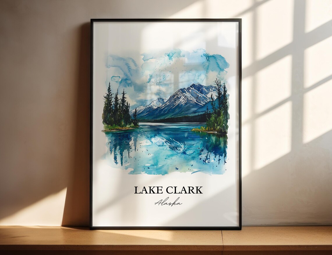 Lake Clark Alaska Mountain Lake Reflection Watercolor Travel Poster