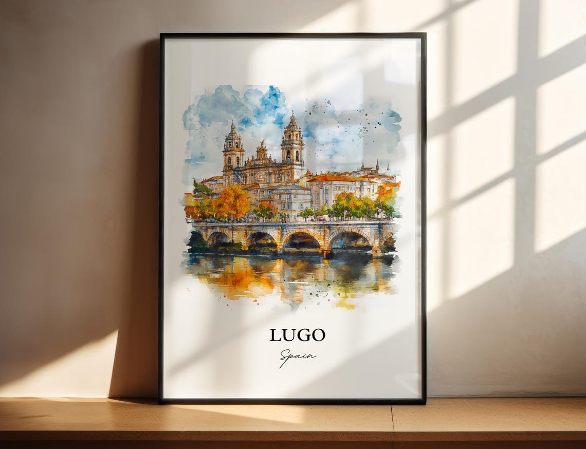 Lugo Spain Watercolor Cathedral Stone Bridge Autumn River View Poster