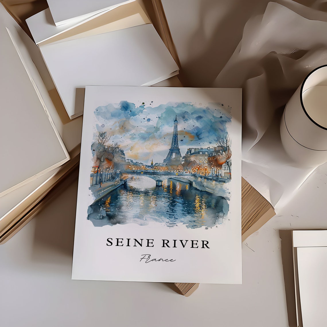 Seine River France Watercolor Bridge Eiffel Tower Lights Poster - Image 6
