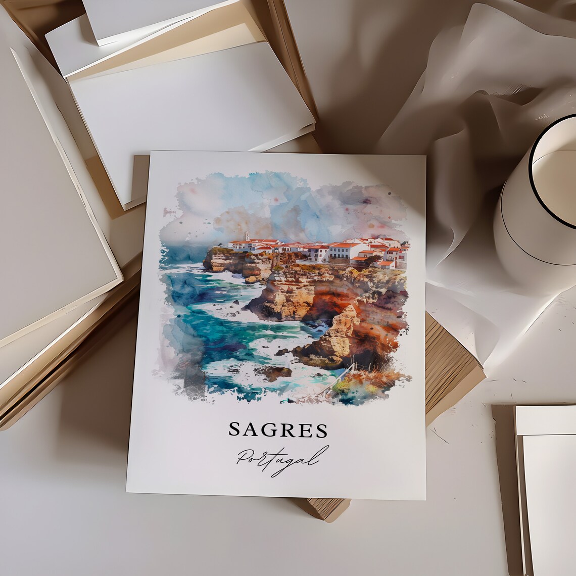 Sagres Portugal Watercolor Cliffs Crashing Waves Village Poster - Image 6