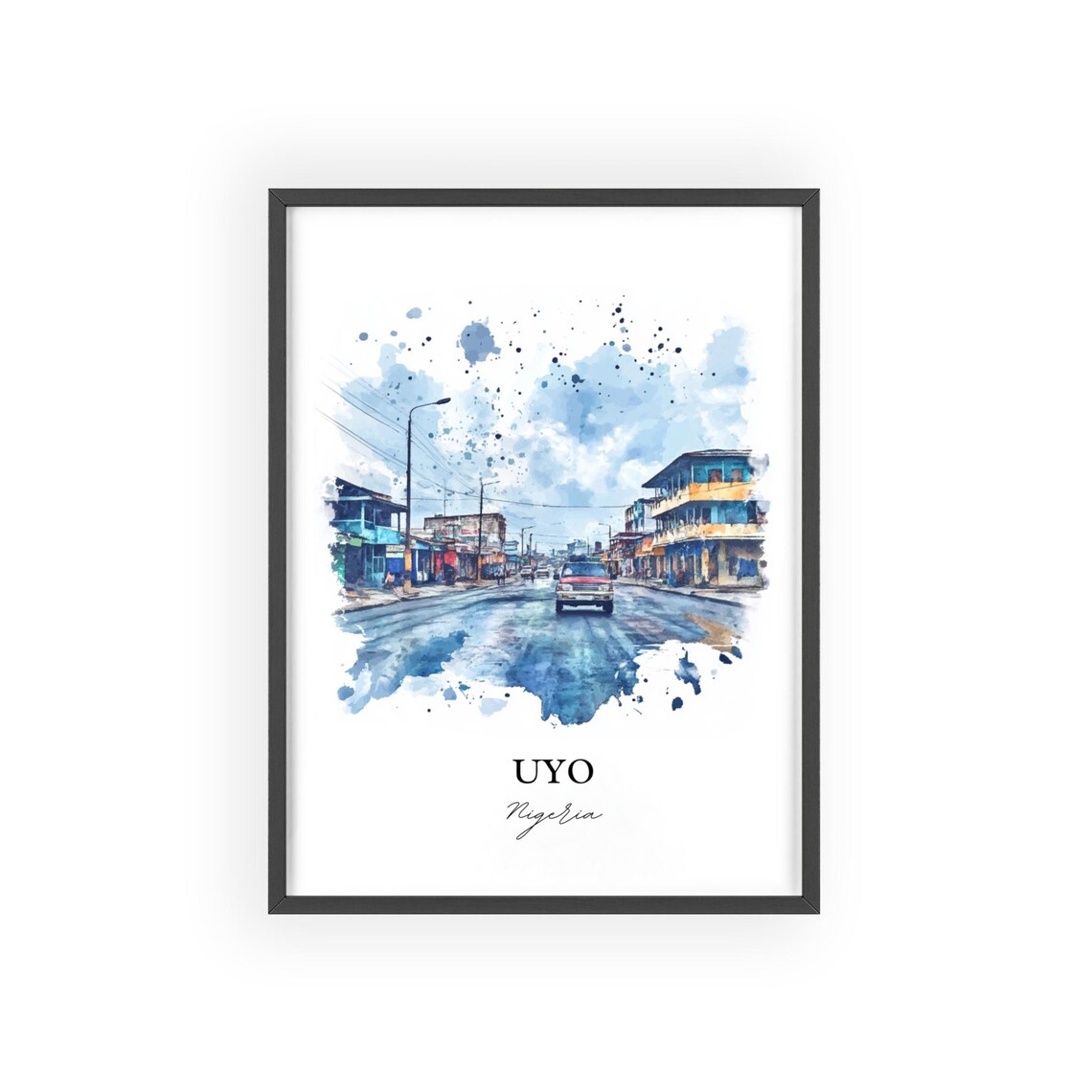 Uyo Nigeria African Watercolor Rainy Street Car Scene Poster - Image 2