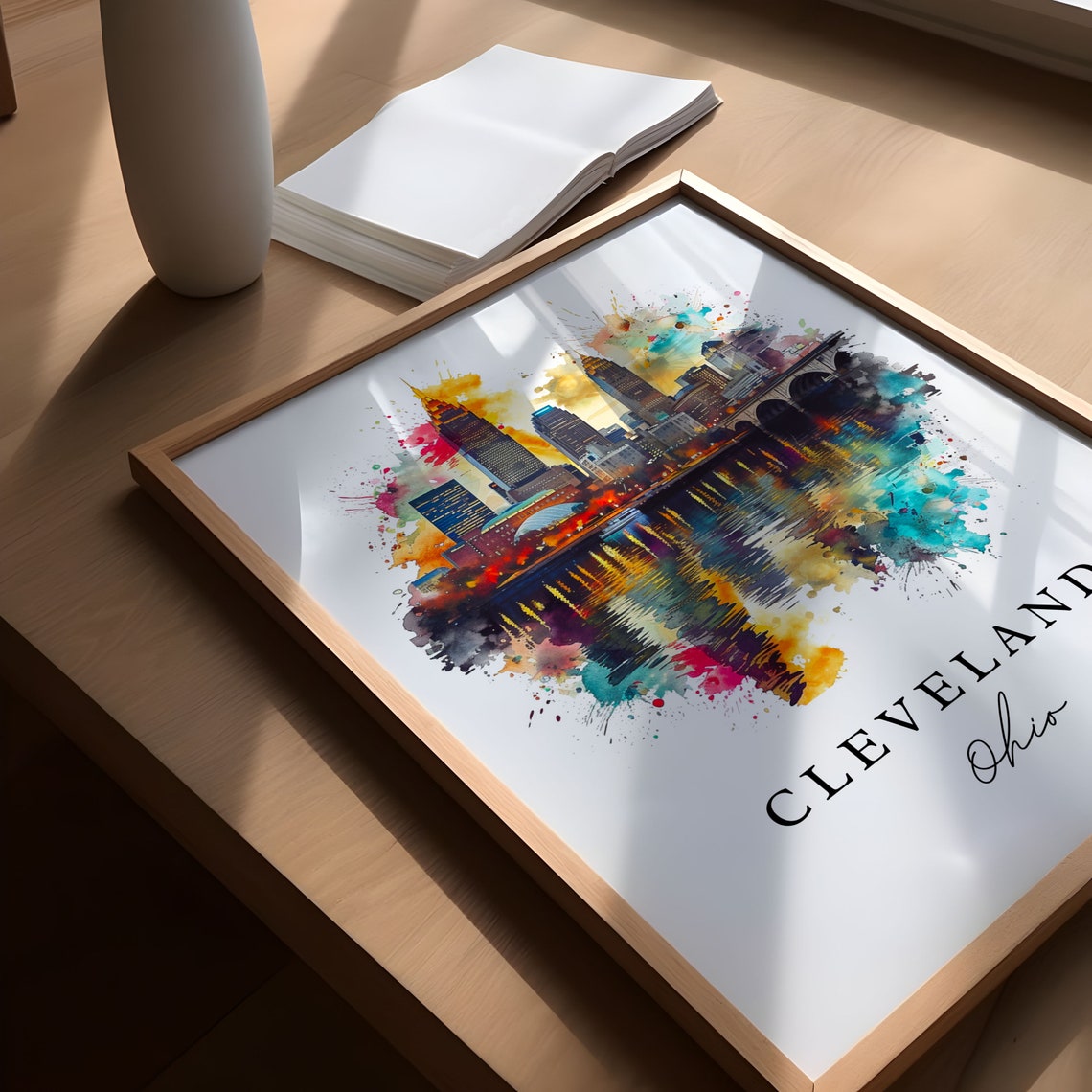 Cleveland Ohio Night Skyline Reflection Watercolor Travel Poster - Image 6