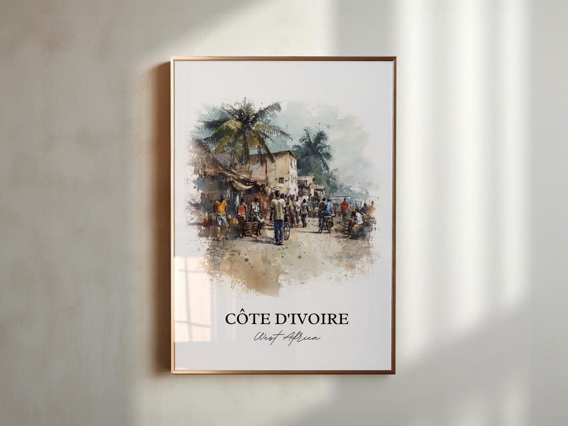 Côte d'Ivoire West Africa Market Street Watercolor Travel Poster - Image 5
