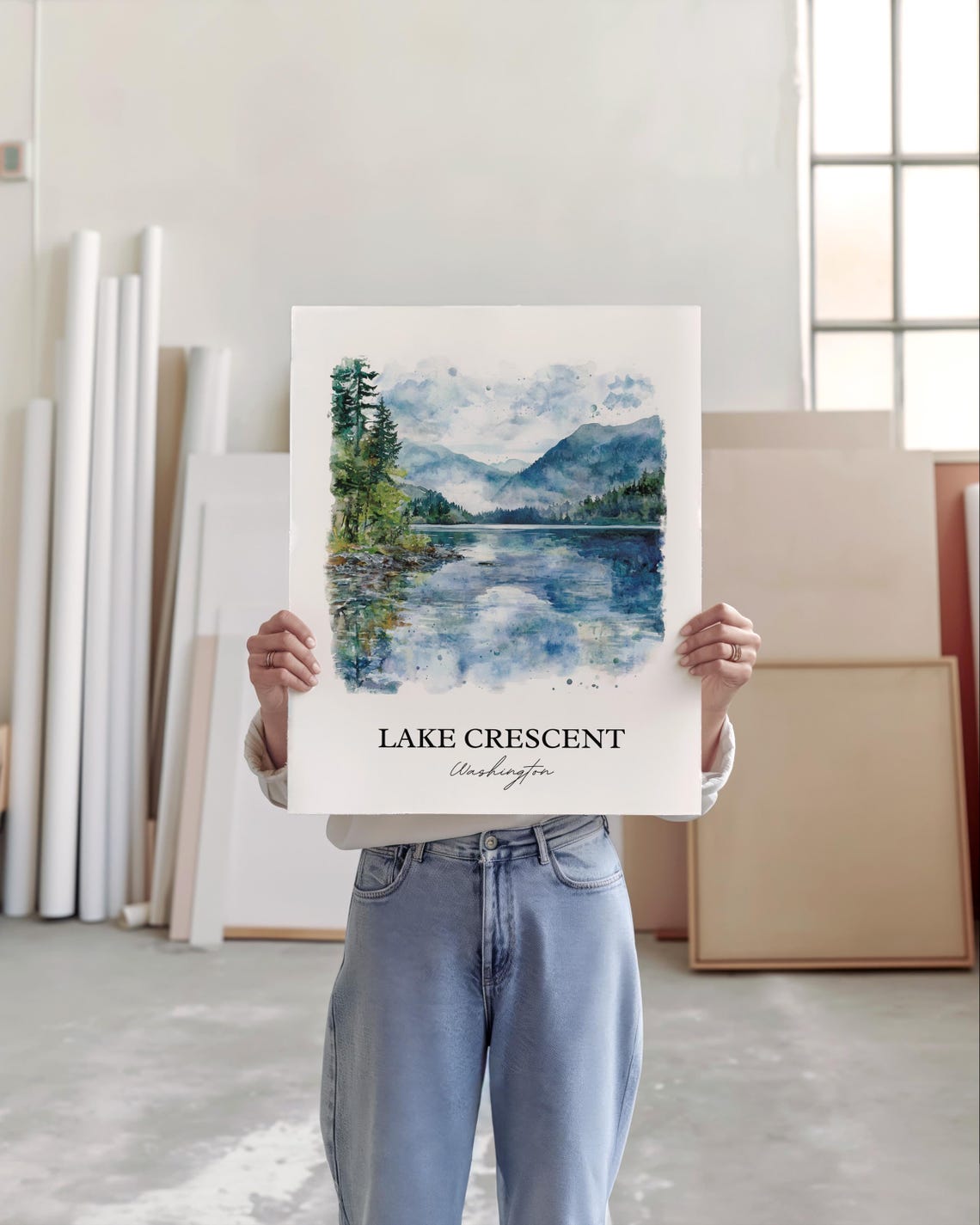 Lake Crescent Washington Watercolor Mirror Lake Scene Art Poster - Image 3