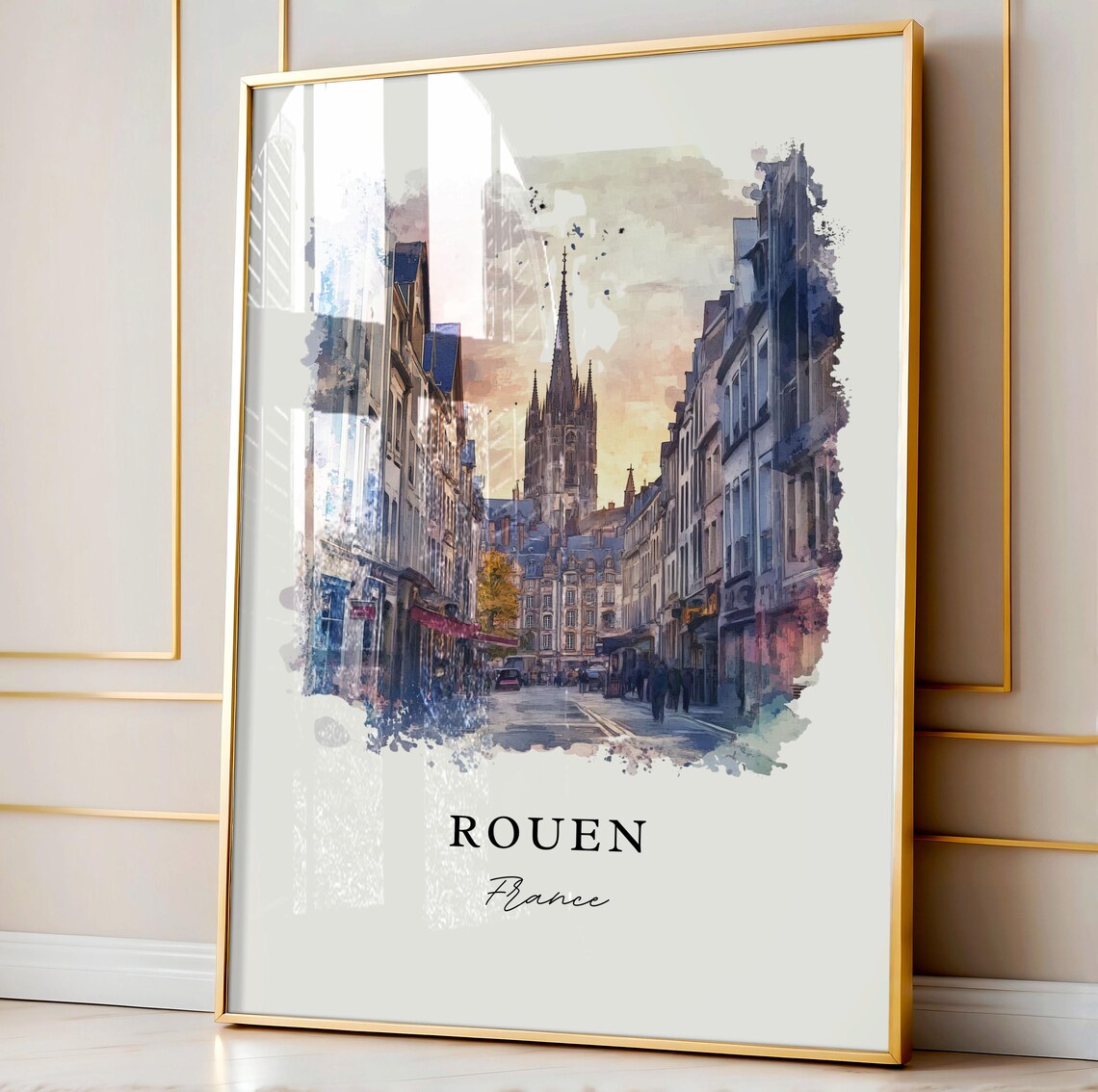 Rouen France Watercolor Cathedral Street Scene Travel Poster - Image 3