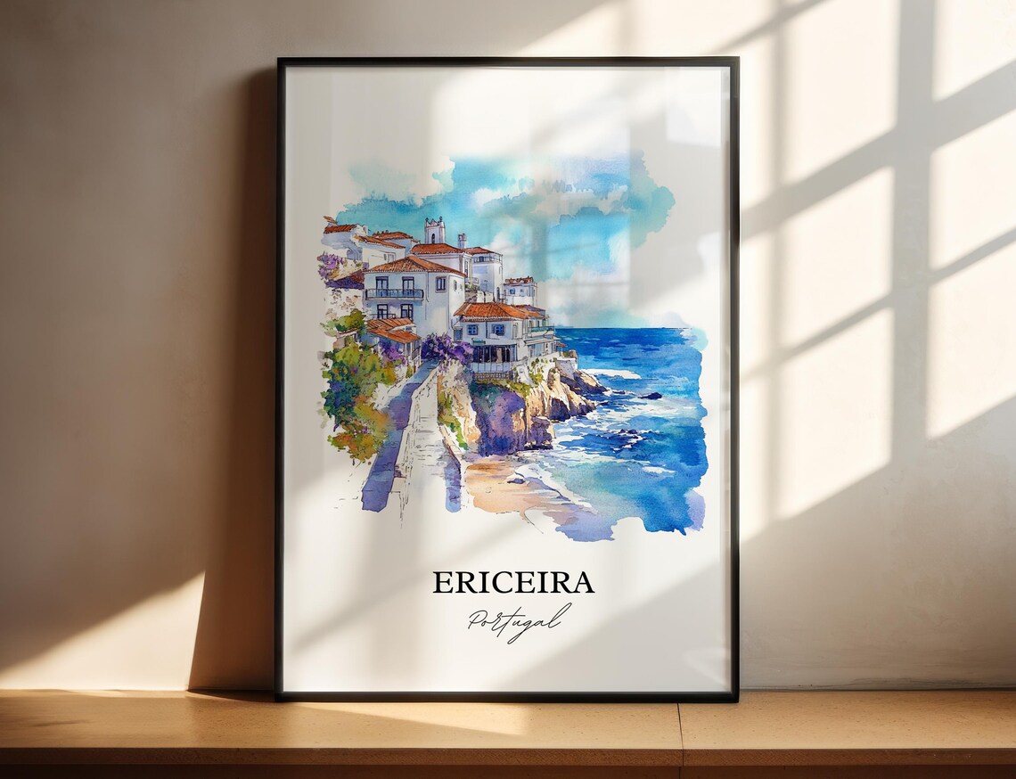 Ericeira Portugal Watercolor Clifftop Fishing Village Seaside Poster