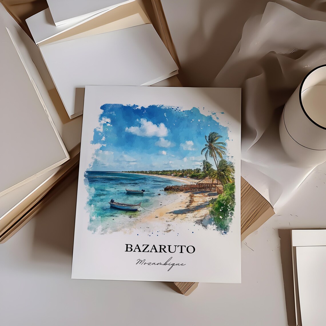Bazaruto Mozambique Watercolor Beach Boats Island Travel Poster - Image 6