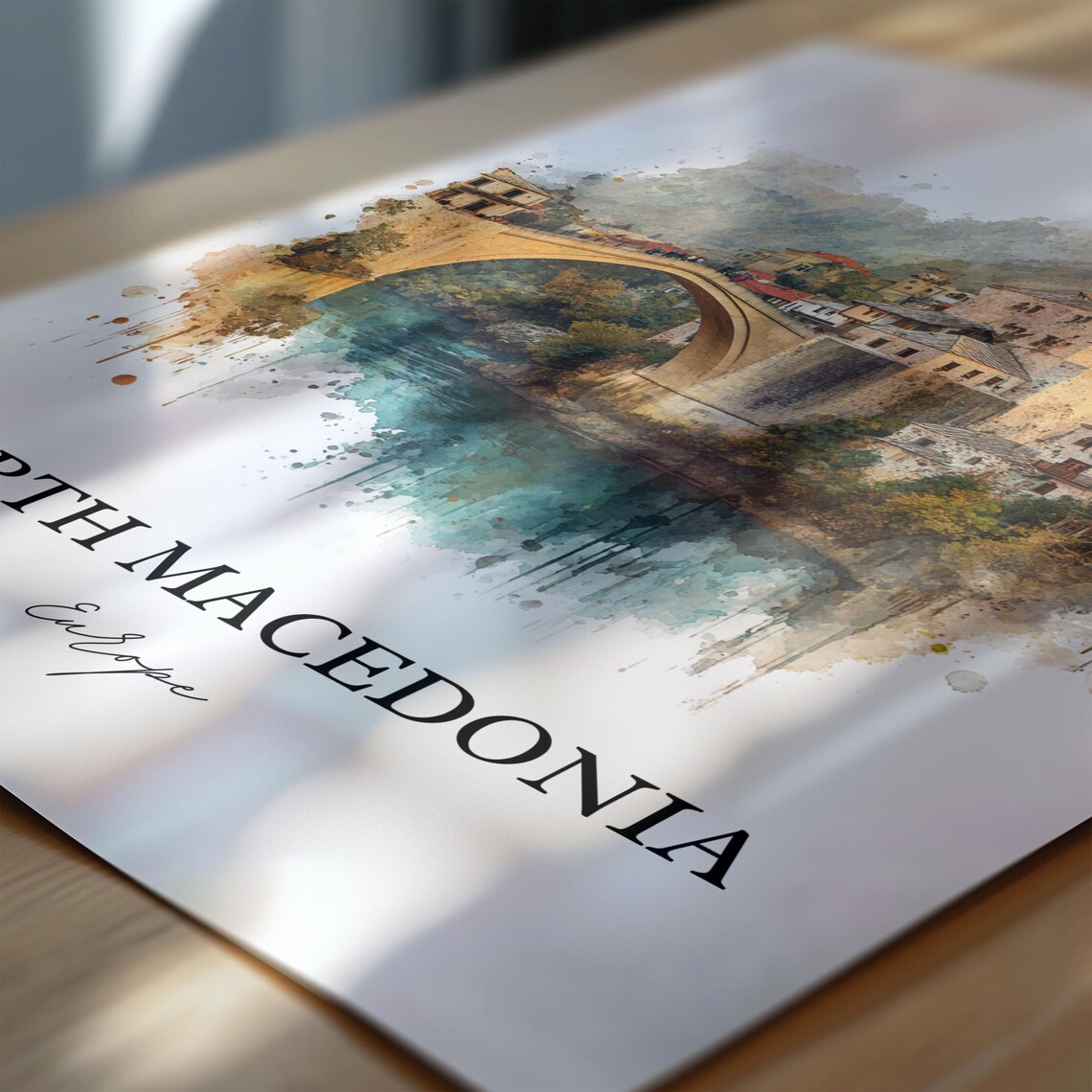 North Macedonia Europe Old Stone Bridge Watercolor Travel Poster - Image 6