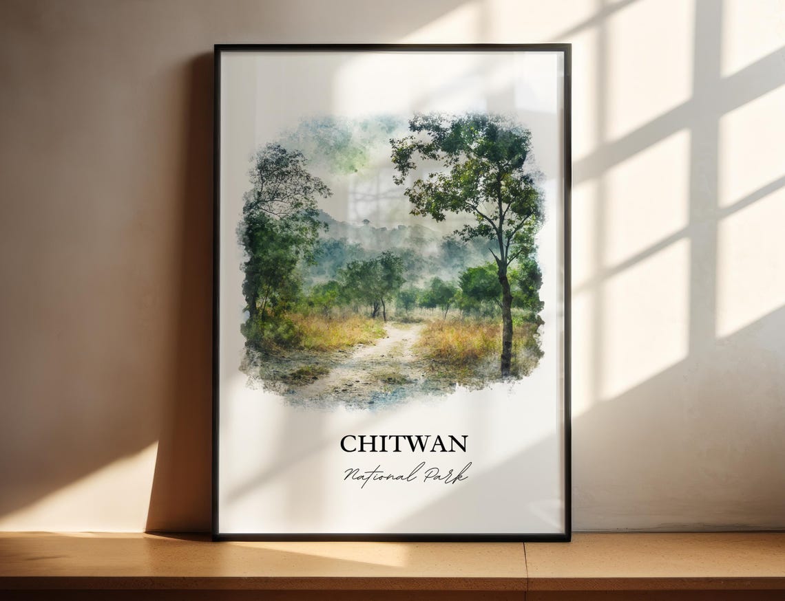 Chitwan National Park Nepal Watercolor Jungle Trail Travel Poster