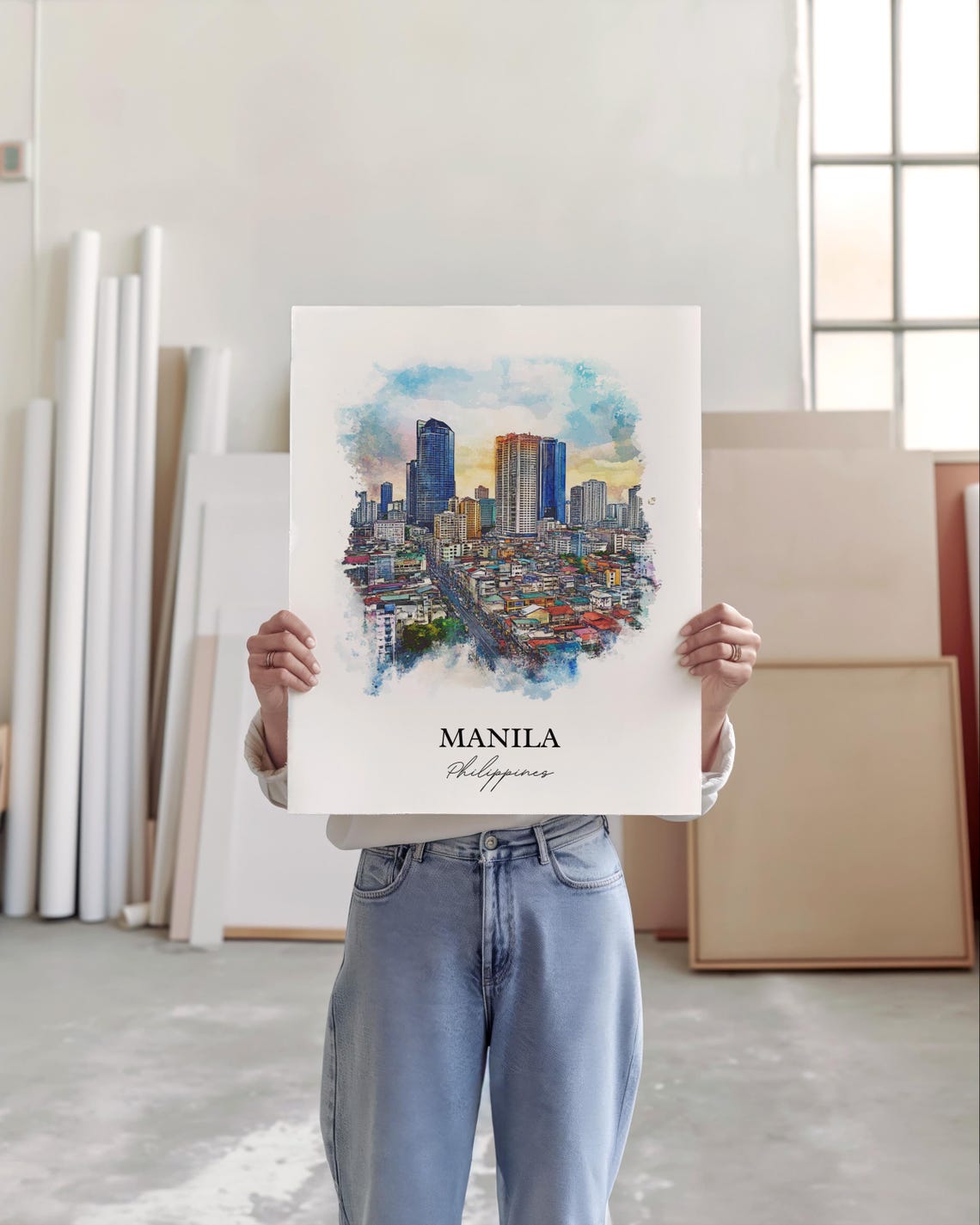 Manila Philippines Watercolor City Skyline Urban Travel Poster - Image 5