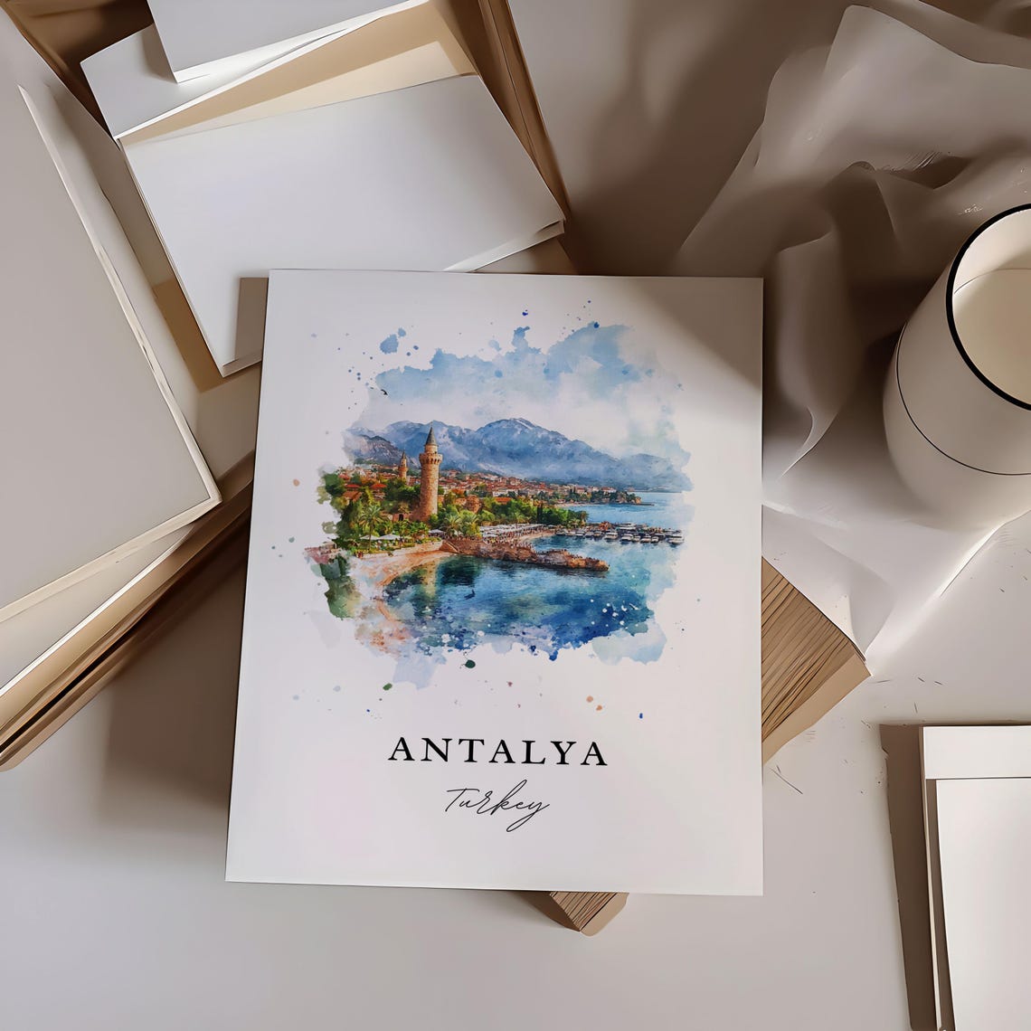 Antalya Turkey Watercolor Old Harbor Coast Mountain Travel Poster - Image 6