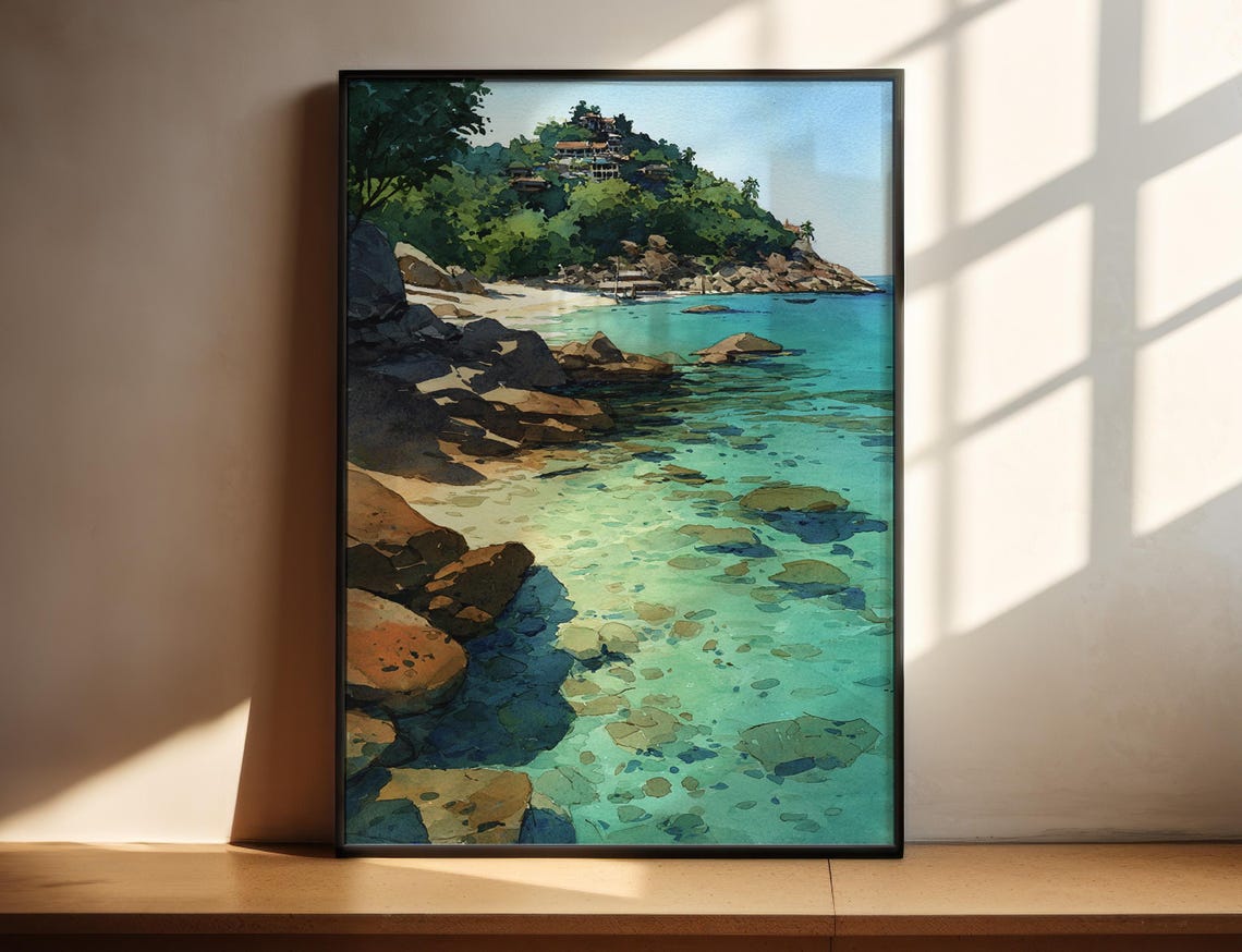 Ko Pha Ngan Thailand Beach Cove Clear Water Watercolor Wall Poster