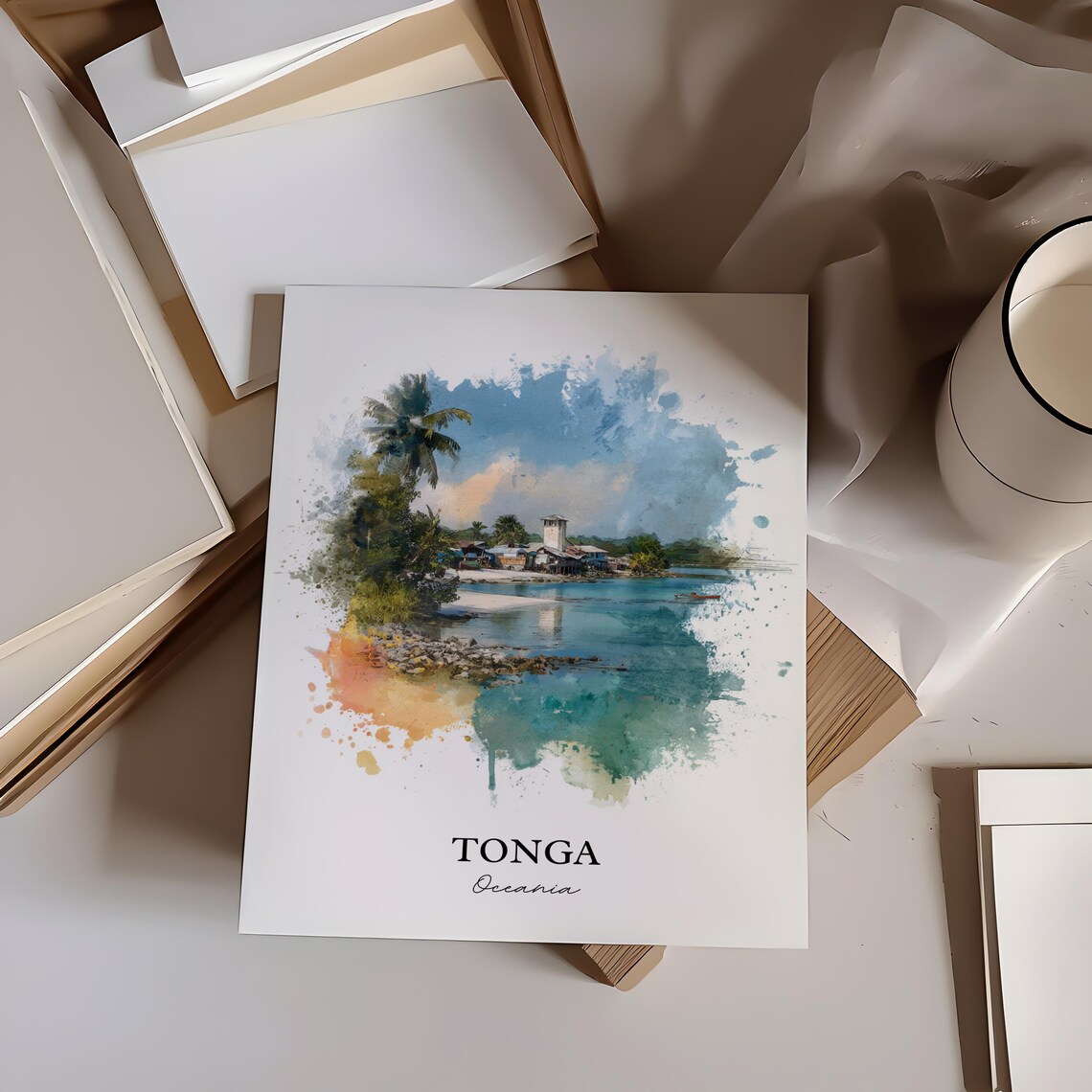 Tonga Oceania Turquoise Bay Village Watercolor Island Art Poster - Image 4