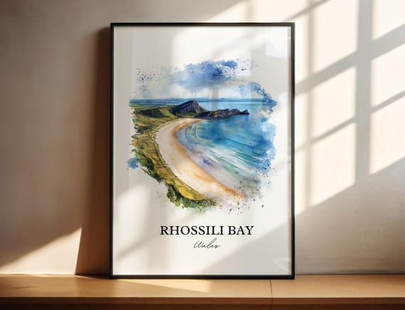 Rhossili Bay Watercolor Travel Poster, South Wales
