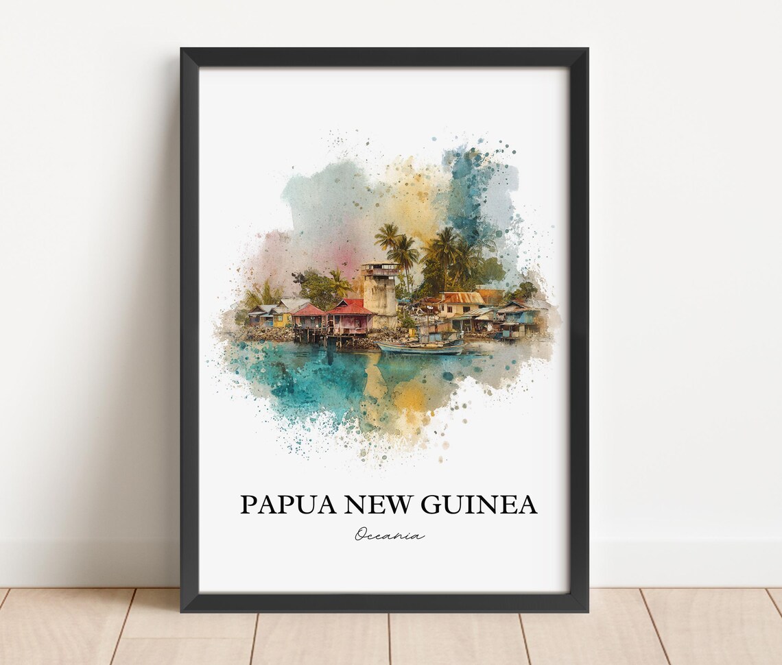 Papua New Guinea Oceania Coastal Village Watercolor Art Poster - Image 3
