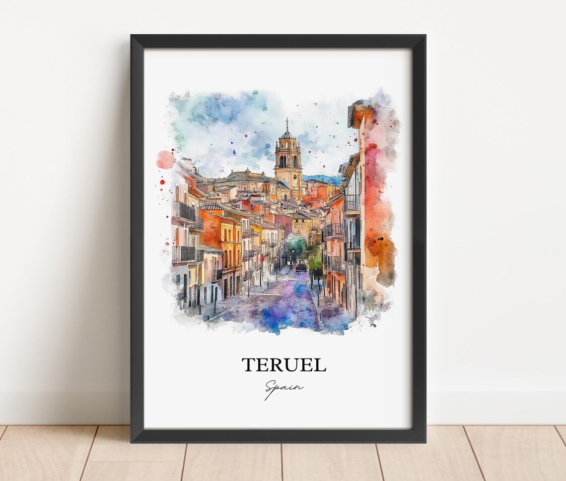 Teruel Spain Watercolor Old Town Street Bell Tower Art Poster - Image 6
