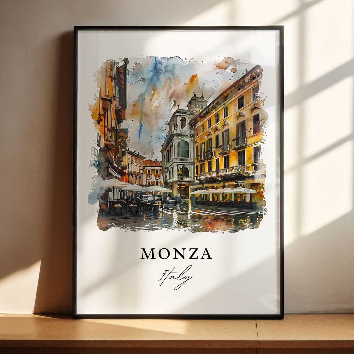 Monza Italy Piazza Cafe Umbrellas Watercolor City Street Poster - Image 4