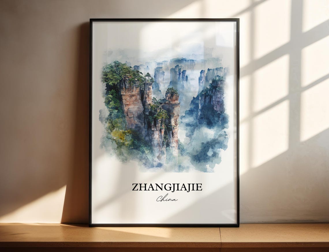 Zhangjiajie China Watercolor Sandstone Pillars Misty Peaks Poster