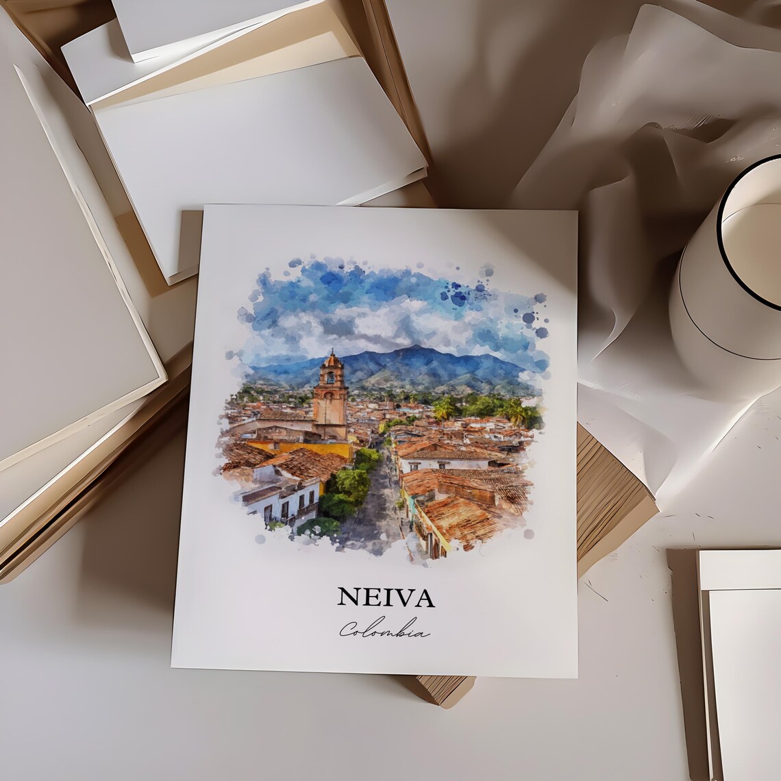 Neiva Colombia Watercolor Church Tower Rooftops Mountain Poster - Image 3
