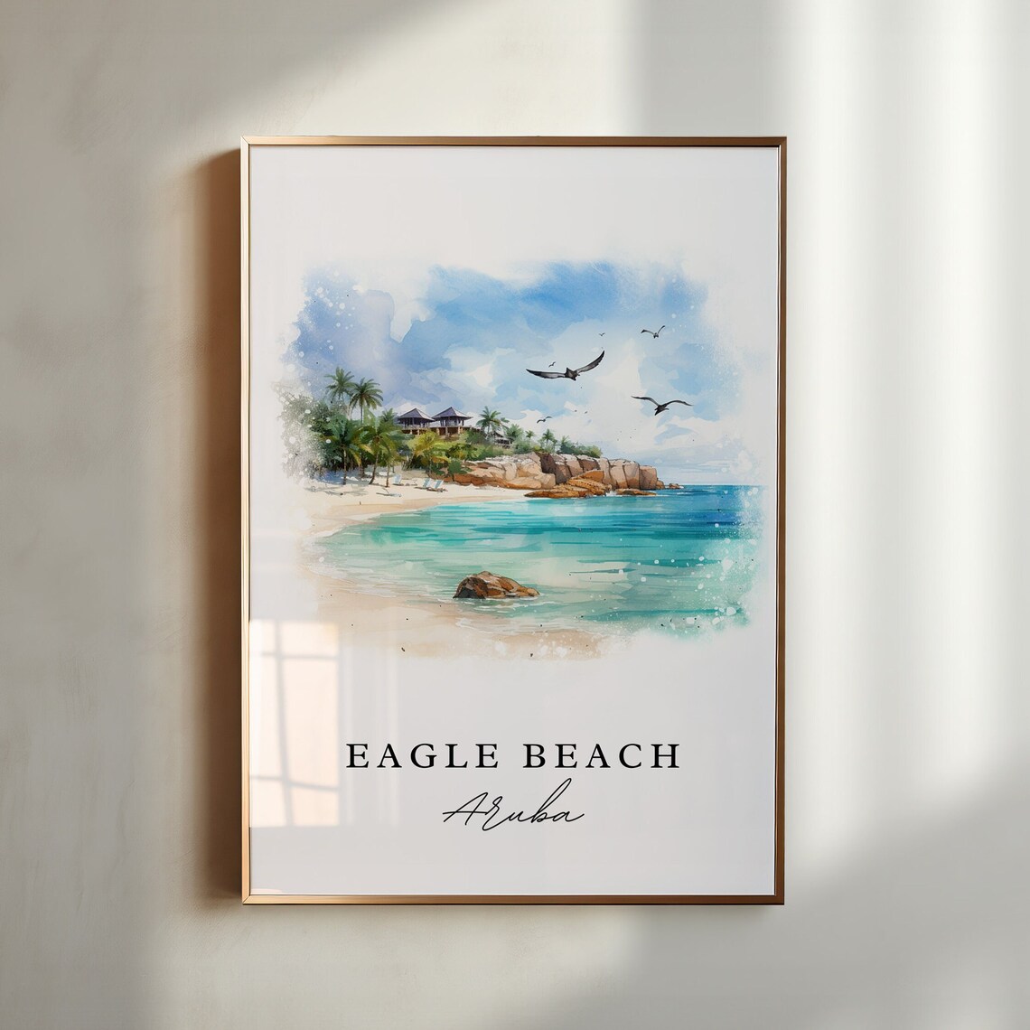 Eagle Beach Aruba Turquoise Water Seagulls Watercolor Travel Poster