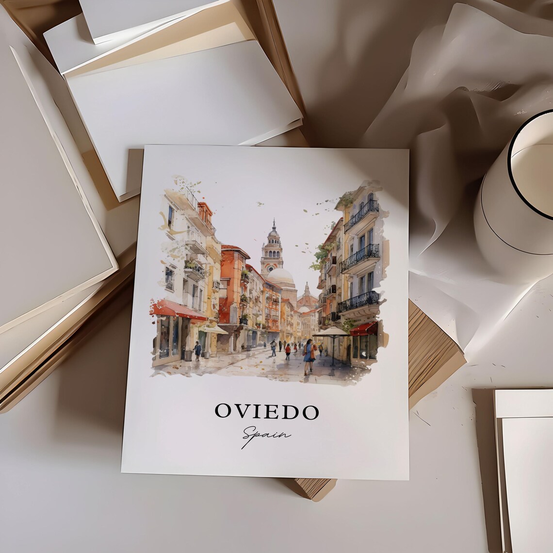 Oviedo Spain Old Town Street Cathedral Watercolor Travel Poster - Image 5