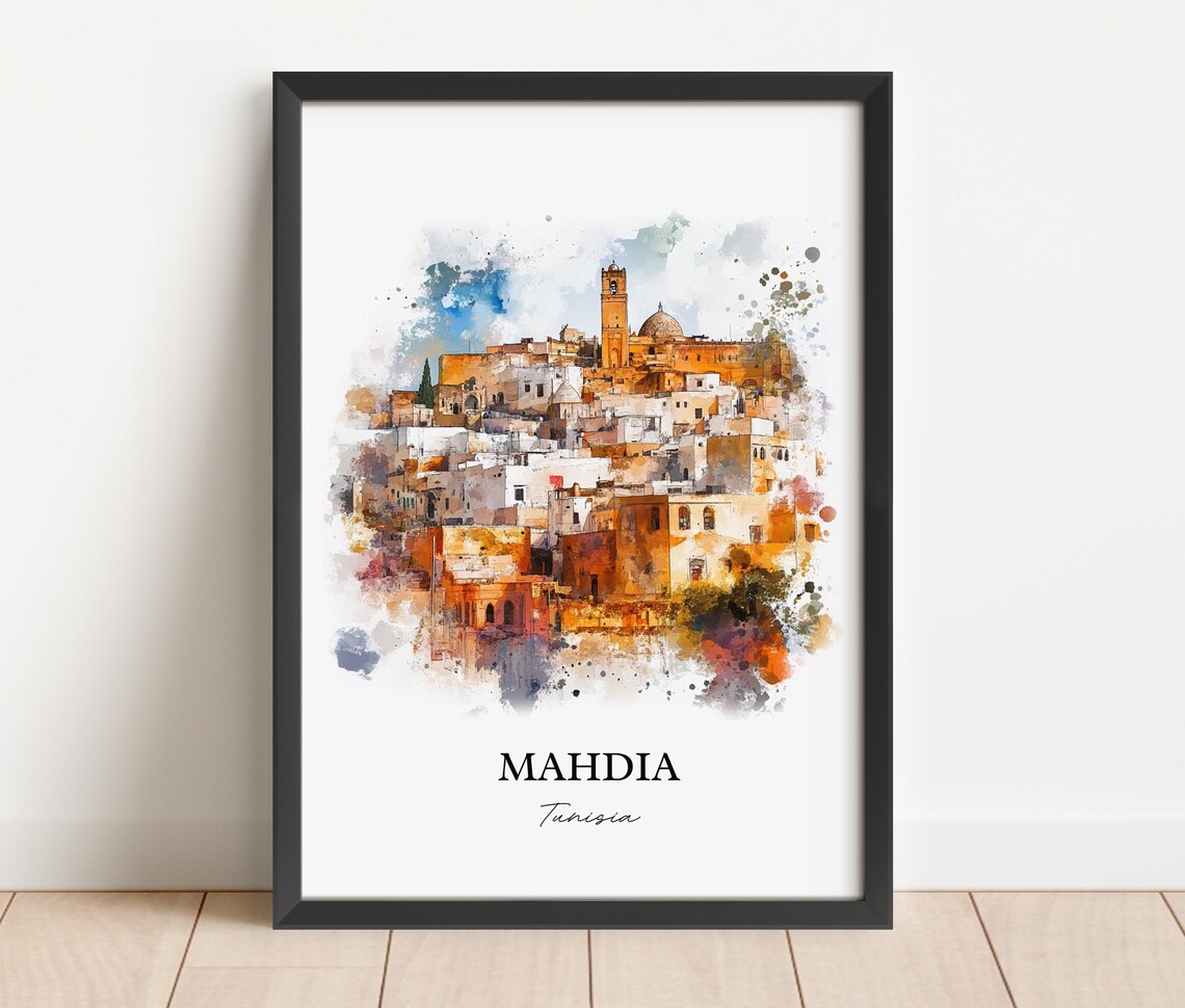 Mahdia Tunisia Historic Old Town Watercolor Souvenir Travel Poster - Image 3