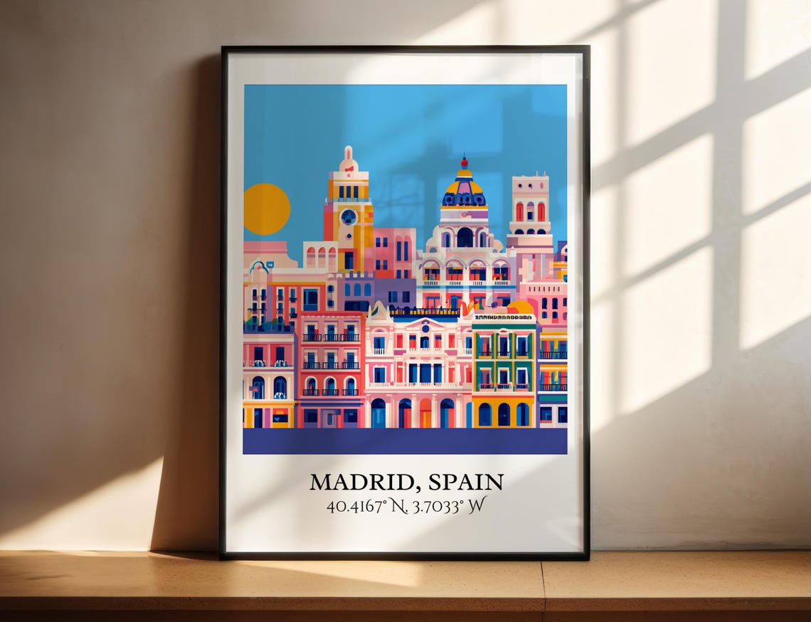 Madrid Spain Retro Gran Via Facades Sun Vintage Travel Decor Poster